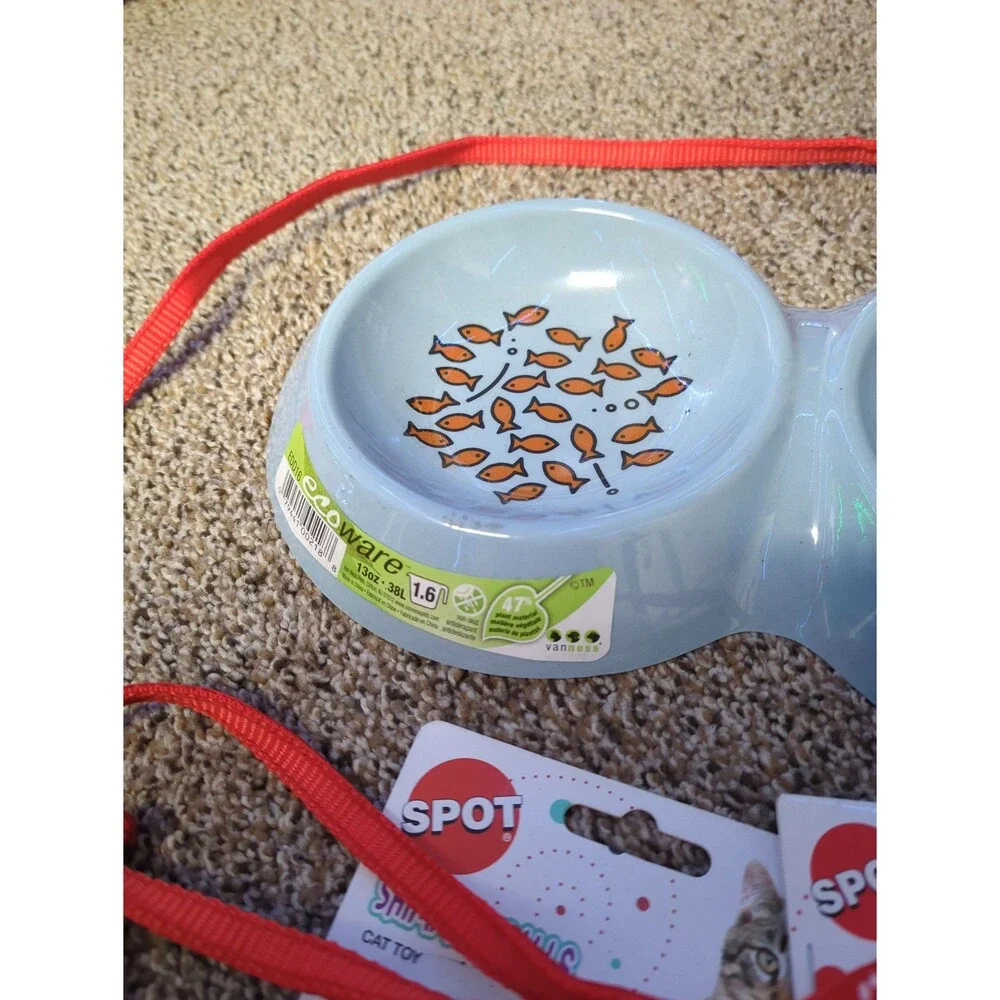Lot of 5 Cat Supplies New or Like New - Dish, Collar, Leash, Ball Toys, Can Lids